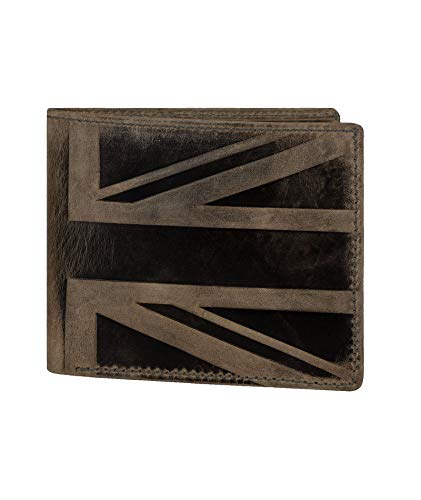 Hudson & James Designer London Real Distressed Leather Mens Wallet with Zip Coin Pocket Credit Carder Holder Bifold Purse UK Union Jack (Dark Brown)