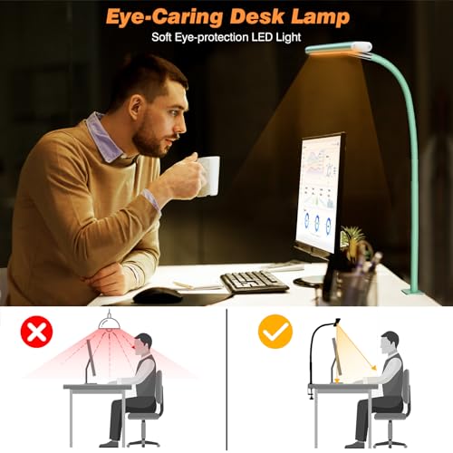 Image of Airlonv LED Desk Lamp for Office Home, Eye-Caring Desk Light with Stepless Dimming Adjustable Flexible Gooseneck, 10W USB Adapter Desk Lamp with Clamp for Reading, Study, Workbench (Mint Green)