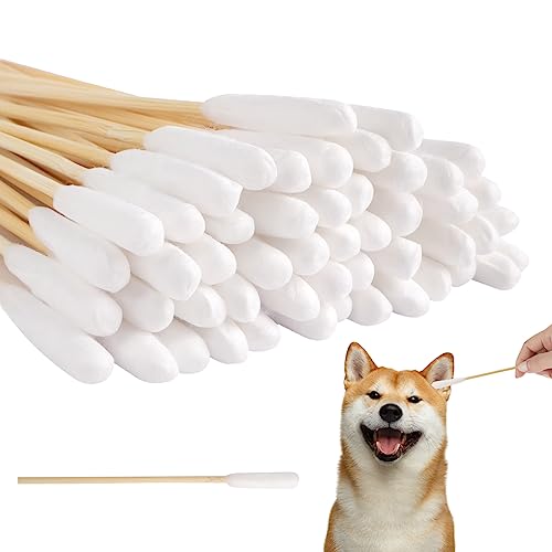 Vaktop Hunde Wattestäbchen, 50 Stück Haustiere Ohrreiniger Lang, Ohrreinigungsstäbchen Haustier mit Breiter Kopf - für Haustiere Hunde, Katzen (15cm)