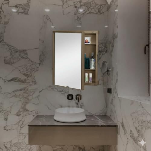 Image of CIPLA PLAST New Rich Look Bathroom Cabinet with Mirror | Storage Organiser | Strong Plastic Bathroom Shelves Wall Mounted | Bathroom Accessories| Mirror Cabinet (Champagne Gold)