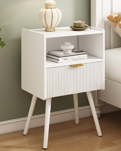 White Nightstand,Modern Bedside Table with Storage Drawer and Open Wood Shelf, for Living Room, Bedroom and Small Spaces, Accent Night Stand with Solid Wood Legs, Easy Assembly,Classic White