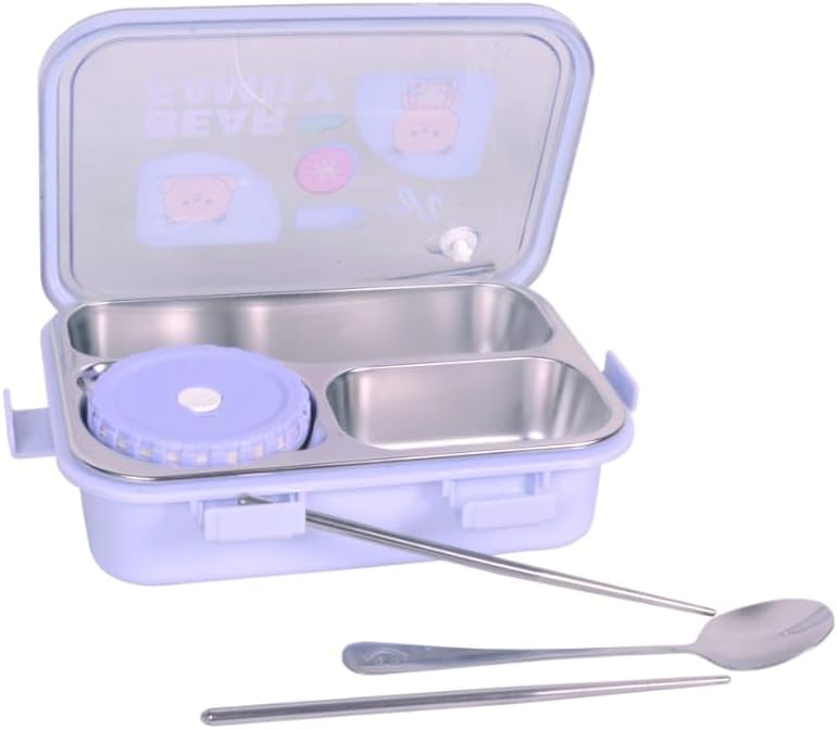 GREEN DAYS 3 Compartment & 1 Cup Stainless Steel Lunch Box with Chopstick or Spoon, Leakage Proof Lunch Box for Boys & Girls School Kids and Adults Pack of 1 Blue, 800ML