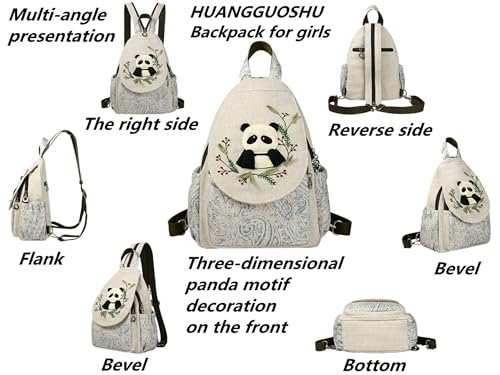 Image of Small Canvas Backpack, Retro Boho Washed Hippie for Women Daily Commute (Panda Decorations)