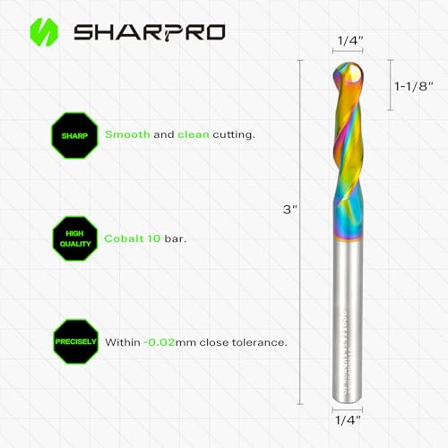 Image of 1 /4 Ball Nose CNC Router Bits 1 /4 Inch Shank, Carbide Ballnose Up Cut Router Bit with Coated, End Mill for Wood, Aluminum, Engraving, 1-1 /8 inch CL, 3 inch OVL