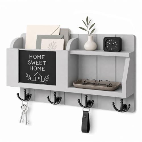 Rebee Vision Key Holder Wall Mount with Mail Organizer for Entryway, Gray