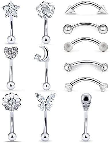 12Pcs 16G Rook Piercing Jewerlry Surgical Steel Eyebrow Piercing Jewelry Flower Crystal Heart CZ Moon Shape Eyebrow Rings Snake Eyes Rook Earrings for Women Men Tongue Retainer,silver curved Barbell
