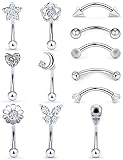 12Pcs 16G Rook Piercing Jewerlry Surgical Steel Eyebrow Piercing Jewelry Flower Crystal Heart CZ Moo