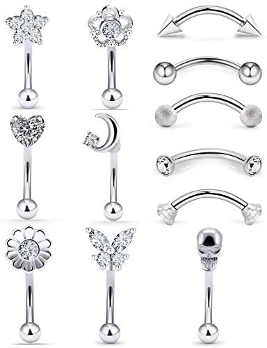 12Pcs 16G Rook Piercing Jewerlry Surgical Steel Eyebrow Piercing Jewelry Flower Crystal Heart CZ Moon Shape Eyebrow Rings Snake Eyes Rook Earrings for Women Men Tongue Retainer,silver curved Barbell