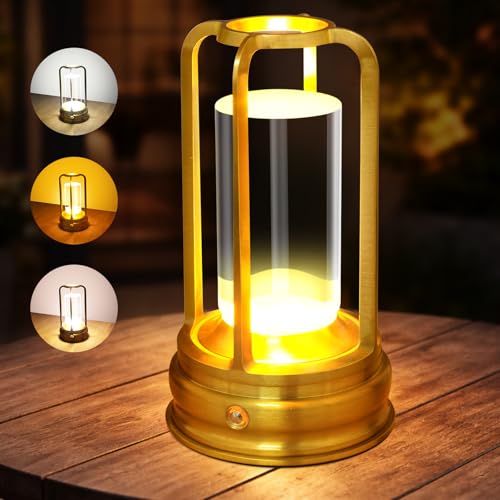 Tischlampe kabellos Dimmbare Akku-Tischlampe 2000mAh mit Touchsteuerung 3 Lichtfarben USB-C Aluminium LED Tischlampe für Innen & Außen Terrasse Restaurant Schlafzimmer Gold 1er Set