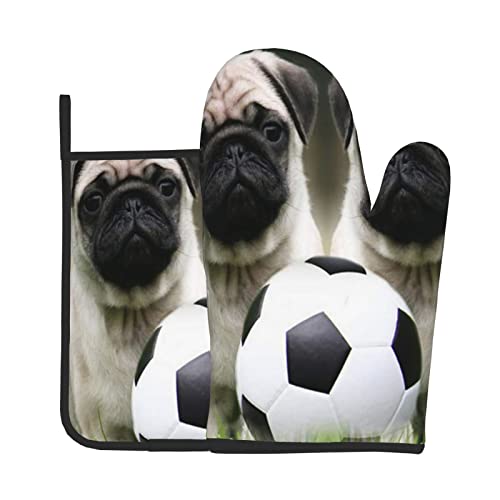 Pug Dogs With Soccer Ball Football Printed Oven Mitts And Pot Holders Sets,Washable Heat Resistant Kitchen Non-Slip Printed Grip Oven Gloves For Microwave Bbq Cooking Baking Grilling #TOP11