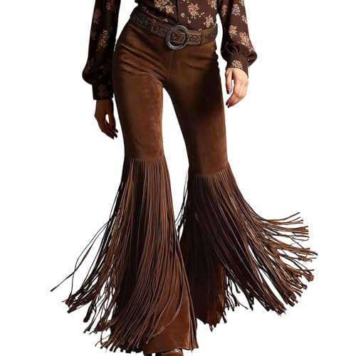 Pantalon évasé grande taille à franges style western rétro stretch avec poches