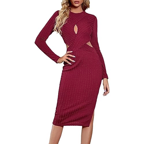 Vestido de mujer midi bodycon sexy con abertura lateral, vestido de punto para mujer, cuello redondo, manga larga, corte ajustado, vestido de lápiz, vestido de mujer, vestido mini vestido sólido,