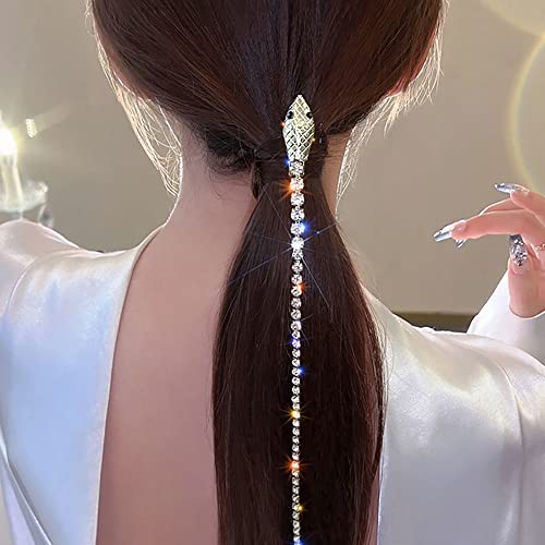 2Pcs Full Rhinestone Snake Hair Chains, Punk Tassel Hair Clips Long Crystal Hair Barrettes, Snake Shape Sparkle Crystal Adornments Headpieces Hair Accessories For Girls（Silver And Gold） #TOP13