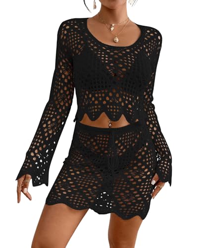 Bsubseach Crochet Coverups for Women Two Piece Swimsuit Cover Up Hollow Out Knit Skirt Set Beach Outfits with Drawstring