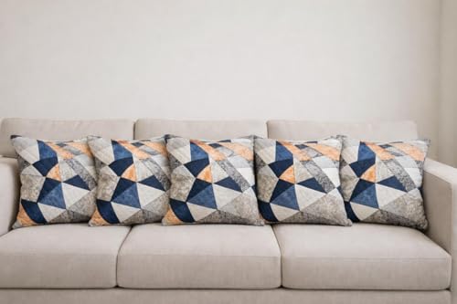 Premium Printed Quilted Cushion Cover 20X20 Inch – Set of 5 | Soft Plush Decorative Square Throw Pillow Covers with Velvet Back, Washable Cushion Covers for Sofa, Couch & Bed - [TRIANGLE]