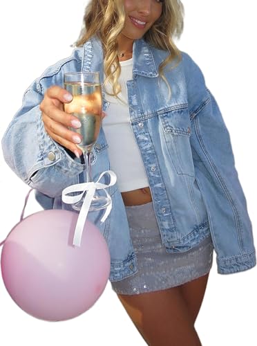 Women Distressed Light Wash Oversized Denim Jacket