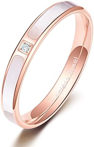 Monkton Women Rose Gold Stainless Steel Wedding Bands with White Shell Inlay Engagement Promise Ring 3.5mm/5.5mm/ 2.5-4mm(3.5MM,Size 7)