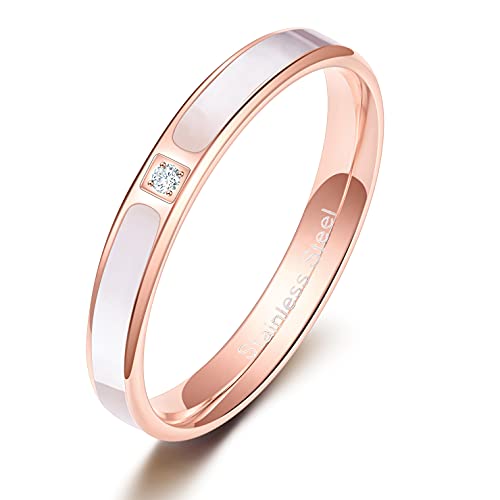 Monkton Women Rose Gold Stainless Steel Wedding Bands with White Shell Inlay Engagement Promise Ring 3.5mm/5.5mm/ 2.5-4mm Cross
