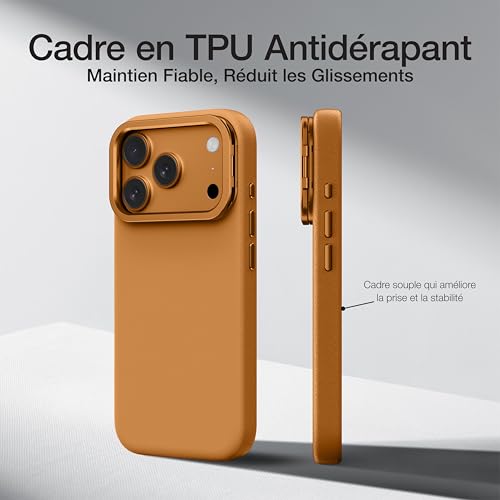 Coque iPhone 17 Pro Max orange avec béquille pour voyage