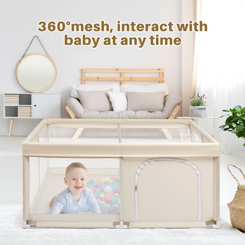BEJOY Baby Playpen, 150cm Compact and Strong, Foam Protection, Anti-Slip, Transparent Breathable Mesh Round Zipper Door Safety Playard for Baby and Toddlers Indoor & Outdoor (Beige) - Image 6