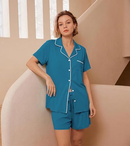 Image of Ekouaer Womens Pajamas Set Soft Classic Notch Collar Bride Pjs Comfy Short Sleeve Sleepwear Loungewear