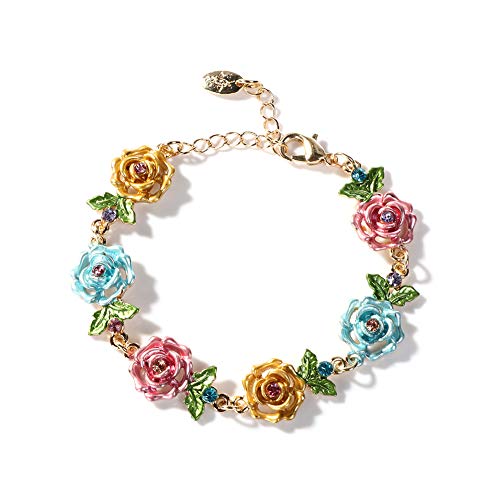 Puadun Elegant Cloisonne Flower and Leaf Bangle Bracelet with Sparkling Rhinestone Charm and Adjustable Extension Chain - Gift for Women, Comes in Gift Box
