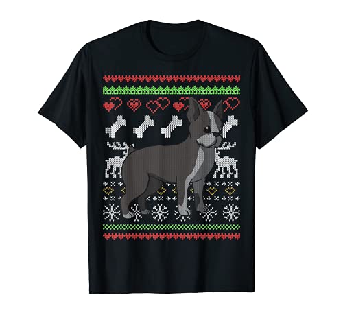 Boston Terrier Dog Babbo Natale Ugly Christmas Pattern X-Mas Maglietta
