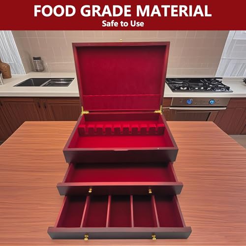 chicify Silverware Storage Box, Kitchen Drawer Organizer, Drawer-containing flap-type storage box, Wood Chest, with Tarnish Proof Felt Lined, Storage Silver Chest for Kitchen (3 layer) - Thumbnail 6