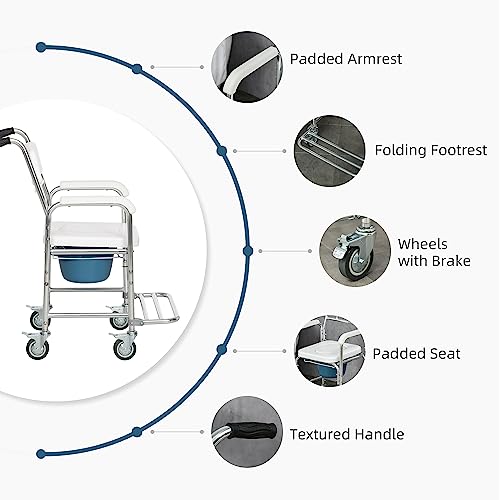 Homcom 3 In 1 Shower Commode Wheelchair, Transport Beside Commode Chair, Waterproof Rolling Over Toilet Chair 330 Lbs. Weight Capacity With Padded Seat, White #TOP4