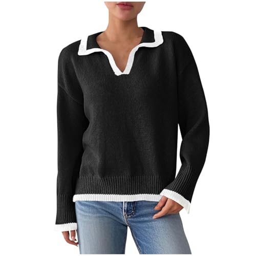 Sweaters for Women Fall Long Sleeve Casual Loose Fit Knitted Oversized Lapel Collar V Neck Pullover Sweater Tops