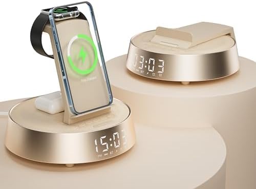 Reloj despertador con estación de carga inalámbrica, reloj para dormitorio con luz nocturna regulable altavoz Bluetooth, estación de carga