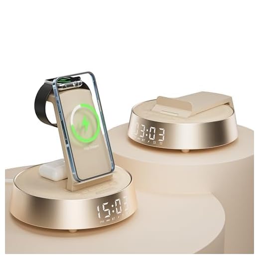 Alarm Clock with Wireless Charging Station, Clock for Bedroom with Dimmable Night Light Bluetooth Speaker, Wireless Charger Dock Station for iPhone 17 16 15 14 13 12 Pro Max, Apple Watch 11, AirPods 3