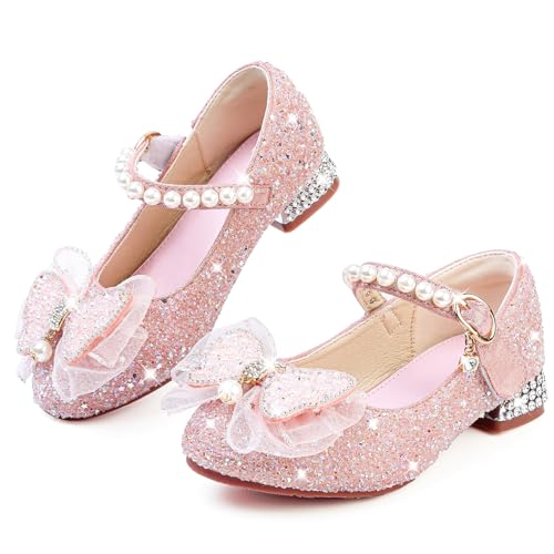 GOGOUP Princess Shoes Girls Mary Jane Low Heels Toddler Glitter Party Wedding Shoes Birthday Cosplay Prom Dress Up Dance Shoes Pink UK13.5