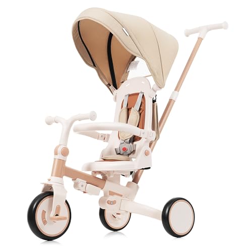 7-in-1 Foldable Baby Tricycle for 1-6 Year Olds, Adjustable Parent Handle Toddler Push Bike with Removable Pedals, Canopy & Guardrail – Light Brown, 12-72 Months