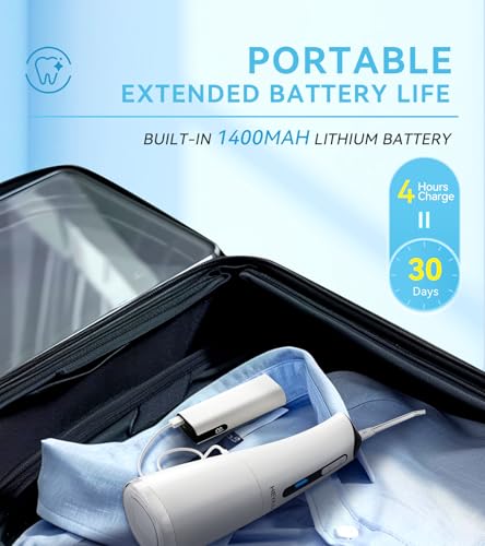 Water Dental Flosser Pick for Teeth, Portable Cordless Oral Irrigator with 4 Pressure Modes, 300ML Water Tank, IPX7 Waterproof, 6 Jet Tips, Storage Bag for Gums, Braces(White)
