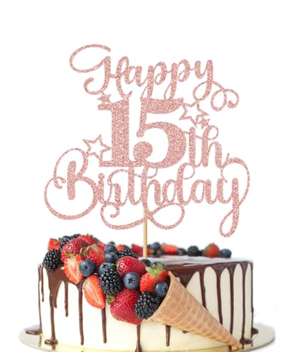 Crseniny 1 PCS Happy 15th Birthday Cake Topper?Glitter Cheers to 15 Years Birthday Cake Pick 15 Fabulous Cake Decoration?Boys Girls 15th Birthday Party Anniversary Party Supplies(15, Rose Gold)