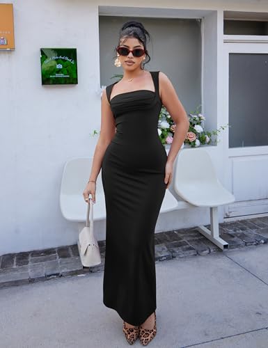 Women's Elegant Sleeveless Square Neck Bodycon Ruched Long Evening Party Dress3
