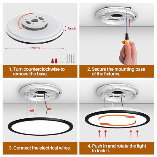 AmazeFan 12Inch LED Flush Mount Ceiling Light with Remote Control, Dimmable Night Light 1800K 3000K/4000K/6500K 24W Low Profile Hardwiring Ceiling Lamp for Bedroom LivingRoom Kitchen Hallway-Black by AmazeFan - Image 6