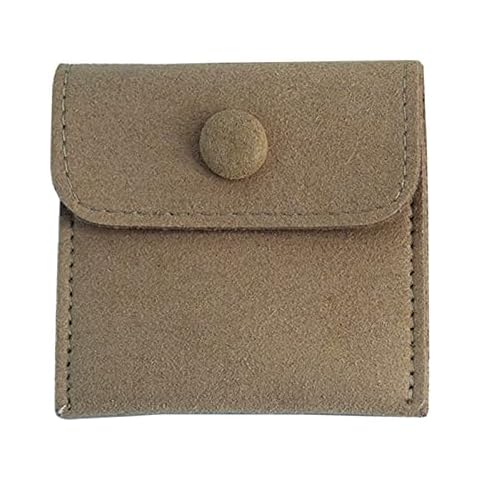 Gereiny Jewelry Pouch with Snap Button 7x7cm Microfiber Purse Inner Double Layer with Preset Earring Holes Small Packaging Bag Khaki Cover
