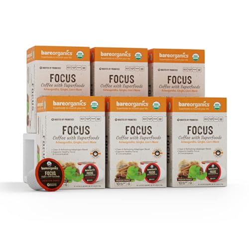 Focus Coffee with Superfoods - Organic Probiotic Mushroom Coffee Pods, Supports Healthy Focus & Digestion, Infused with Ashwagandha, Lion's Mane, and Cinnamon, USDA Certified Organic - 10 Recyclable Single Serve K-Cups - 6 Pack