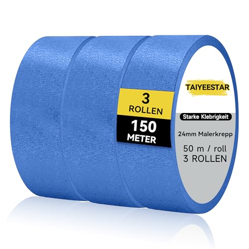Taiyeestar Lot de 3 rouleaux de ruban adhésif pour peintre, 24 mm x 50 m, pour travaux de peinture et de rénovation, ruban de masquage pour peintre, ruban adhésif de peintre, ruban adhésif de peintre