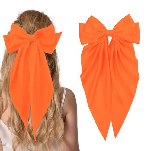 Large Satin Bow Barrettes Clips in Orange, Bow Hair Clips for Women, Long Ribbon Hair Accessories Gifts for Girls(Orange)