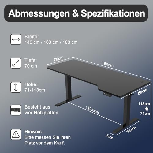 JUMMICO Höhenverstellbarer Schreibtisch 180x80 cm Ergonomie Bürotisch – Ansicht 3