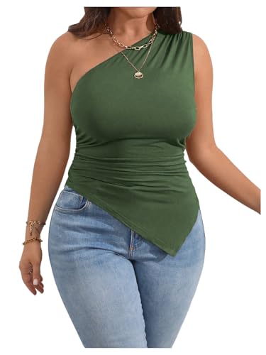 Milumia Women's Plus Size One Shoulder Tank Top Asymmetrical Hem Ruched Going Out Tops
