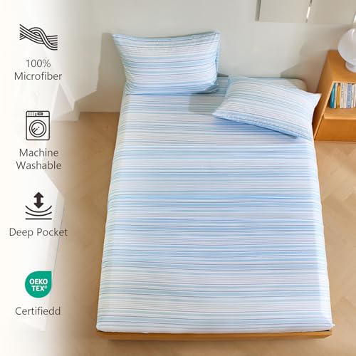 Image of MCO 4Pieces Striped Sheets Set, Breathable King Sheet Set with 16 inch Deep Pocket,Modern & Luxury, Brushed Microfiber Bedding Set(King, Blue)