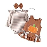 Adokioths Newborn Baby Girl Halloween Outfit Ruffle Romper Top Pumpkin Bat Ghost Suspender Skirt Set Holiday Clothes (Brown, 0-3 Months)