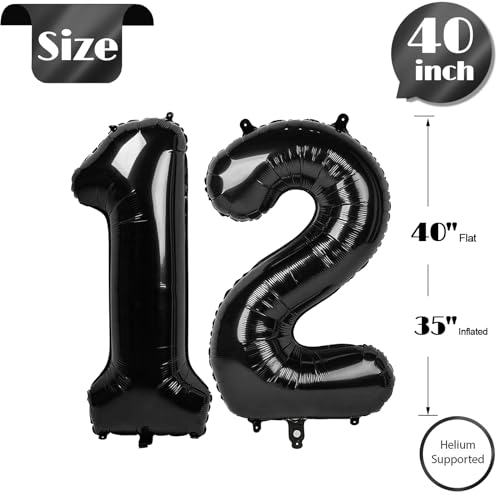 Image of Black Number 12 Balloon 40 Inch, 12th Birthday Party Decorations, Giant 12 Foil Balloon for Party Supplies