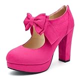 Women's Platform Mary Jane Pumps with Bow, High Block Heel, Closed Toe, Zip Closure Hot Pink Label Size 43 - US 11