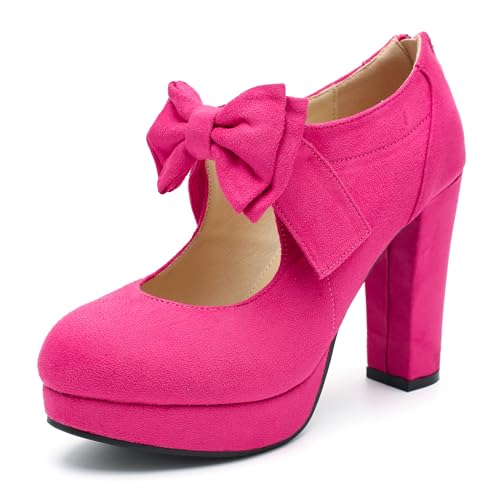Women's Platform Mary Jane Pumps with Bow, High Block Heel, Closed Toe, Zip Closure Hot Pink Label Size 43 - US 11