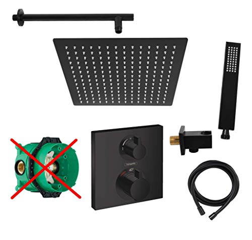 vanvilla Duschsystem mit Unterputz Thermostat Duscharmatur von Hansgrohe OHNE iBox mit vanvilla Regendusche mit Armatur mit Thermostat, Duschkopf eckig schwarz matt beschichtet SET HGS03-ob